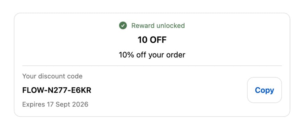 Unlocked Flowperk reward showing a 10% off code and Copy button